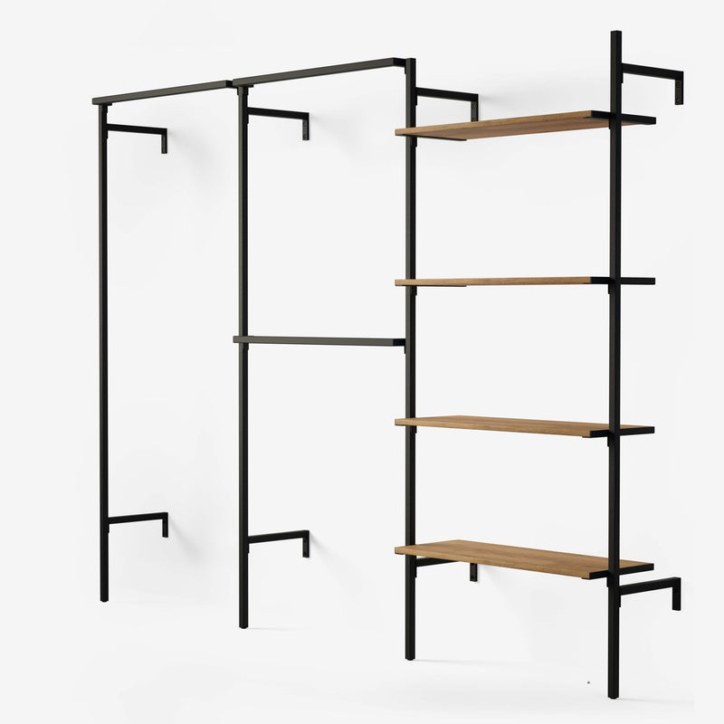 Walk In system with a row with one rail for long clothes, a row with two rails for shorter clothes and a row with four height-adjustable shelves in classic oak veneer