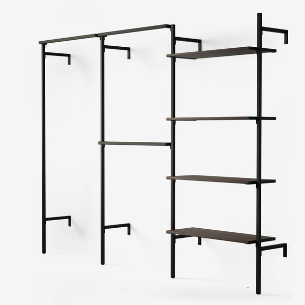 Walk In system with a row with one rail for long clothes, a row with two rails for shorter clothes and a row with four height-adjustable shelves in smoked oak veneer