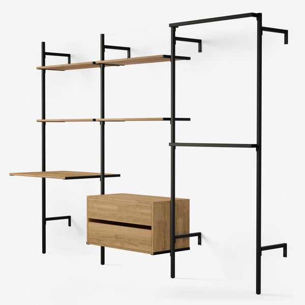 Shelving system with desk, 4 shelves and hanging rails. The wood is in classic oak veneer and the frame is in black powder coating.
