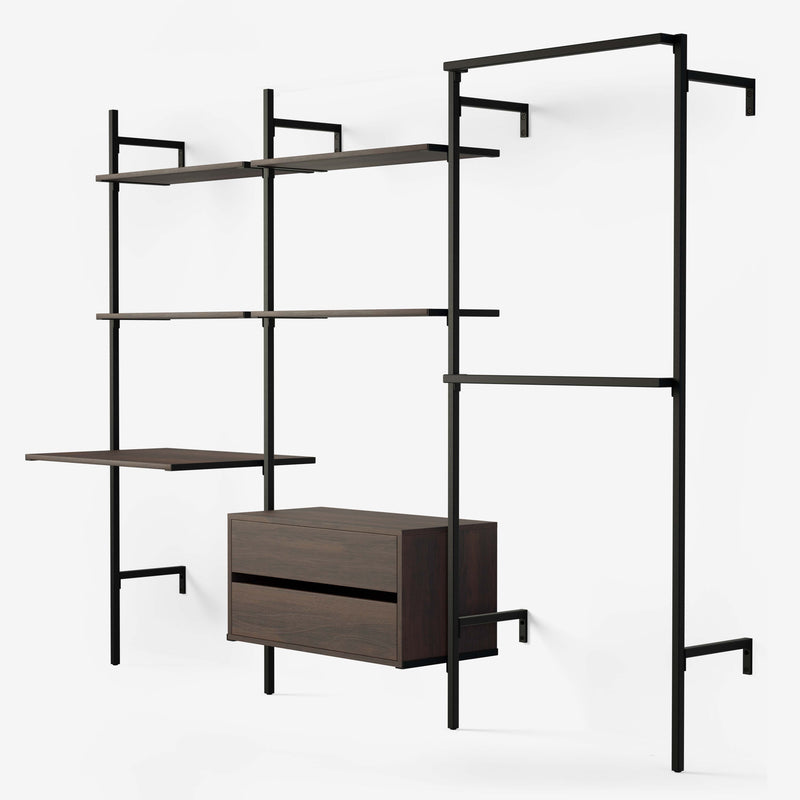 Shelving system with desk, 4 shelves and hanging rails. The wood is in smoked oak veneer and the frame is in black powder coating.