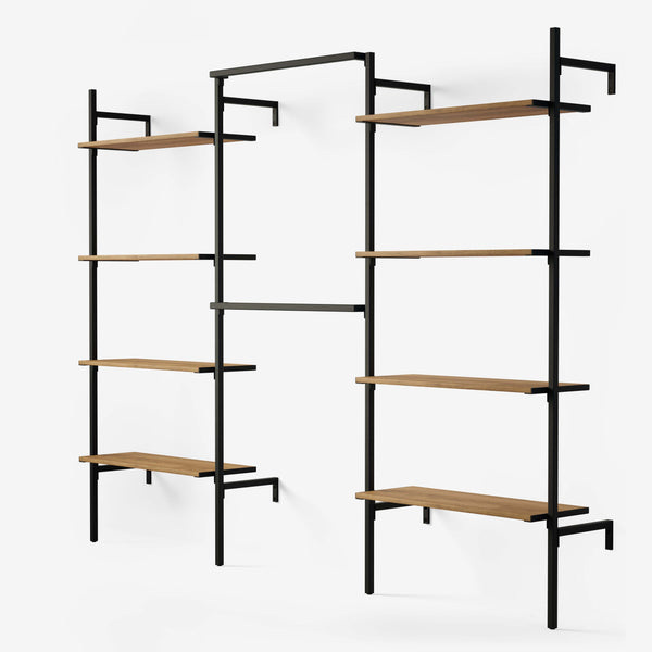 You won't be short of space here! You get three rows; the middle row with a double clothes hanger and a row on each side with four shelves in classic oak veneer