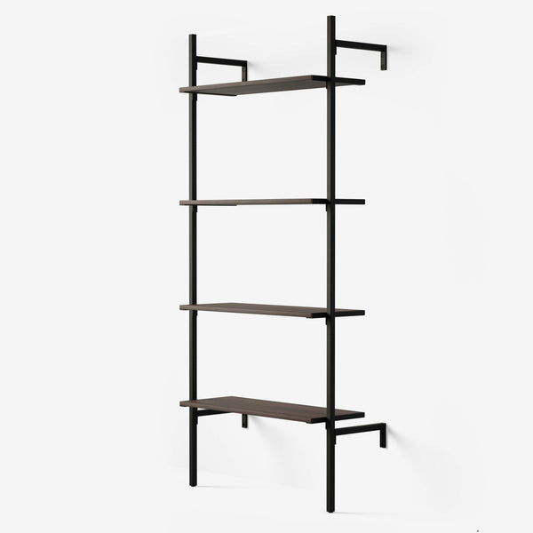 Shelving system with 4 adjustable shelves in smoked oak