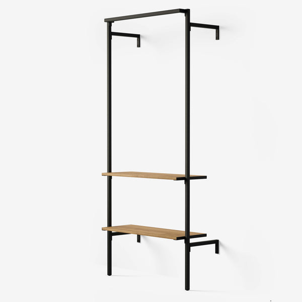 wardrobe system in black powder-coated pipes with two classic oak shelves
