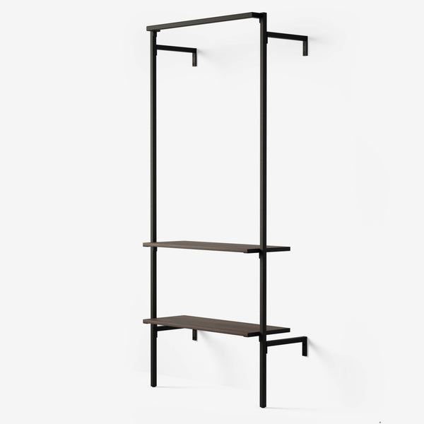 wardrobe system in black powder-coated tubes with two smoked oak shelves