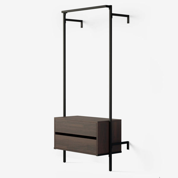 Rack with one hanger bar in black powder coating and one chest of drawers with soft close in smoked oak