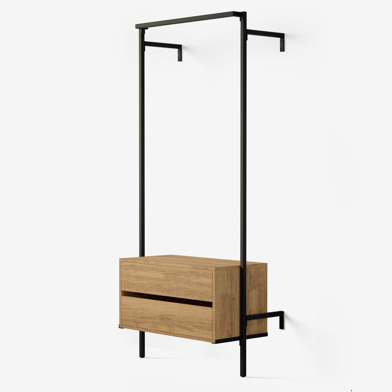 Rack with one hanger bar in black powder coating and one chest of drawers with soft close in classic oak