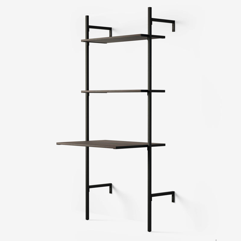Shelving solution with two shelves and desk in black powder-coated frame and two smoked oak shelves