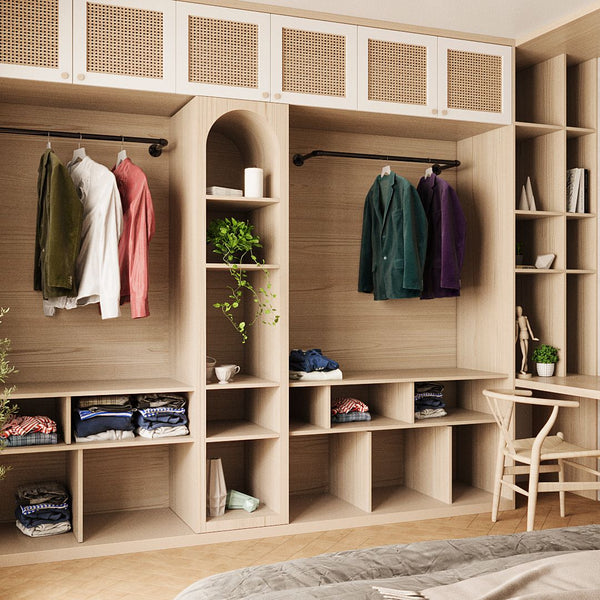 Open wardrobe system with modern wall mounted clothes rails made from strong iron pipes