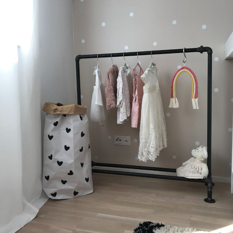 Free standing clothes rack made from dark water pipes for kids clothes with shoe rack
