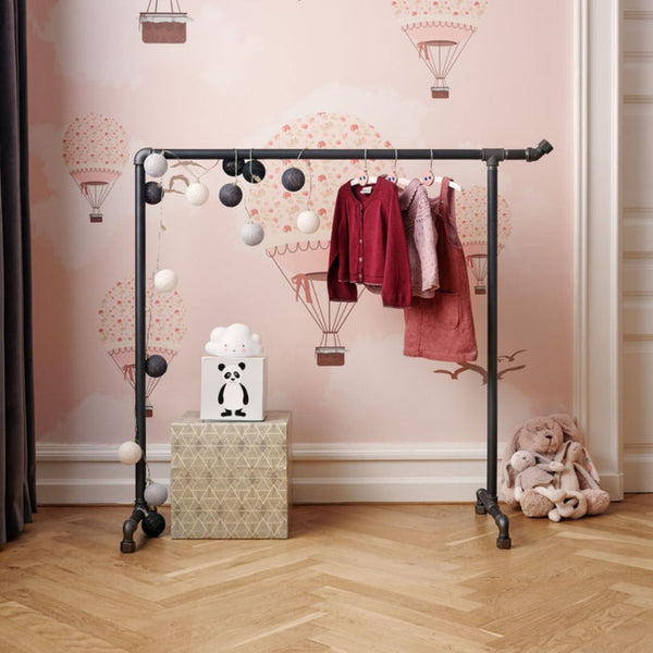 Free standing clothes rack made from dark water pipes for kids clothes with hook