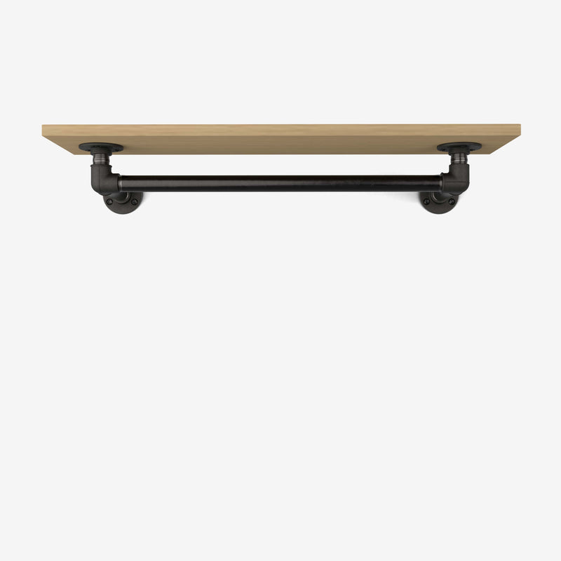 Wall-mounted clothes rail made with dark pipes and wooden shelf in classic oak