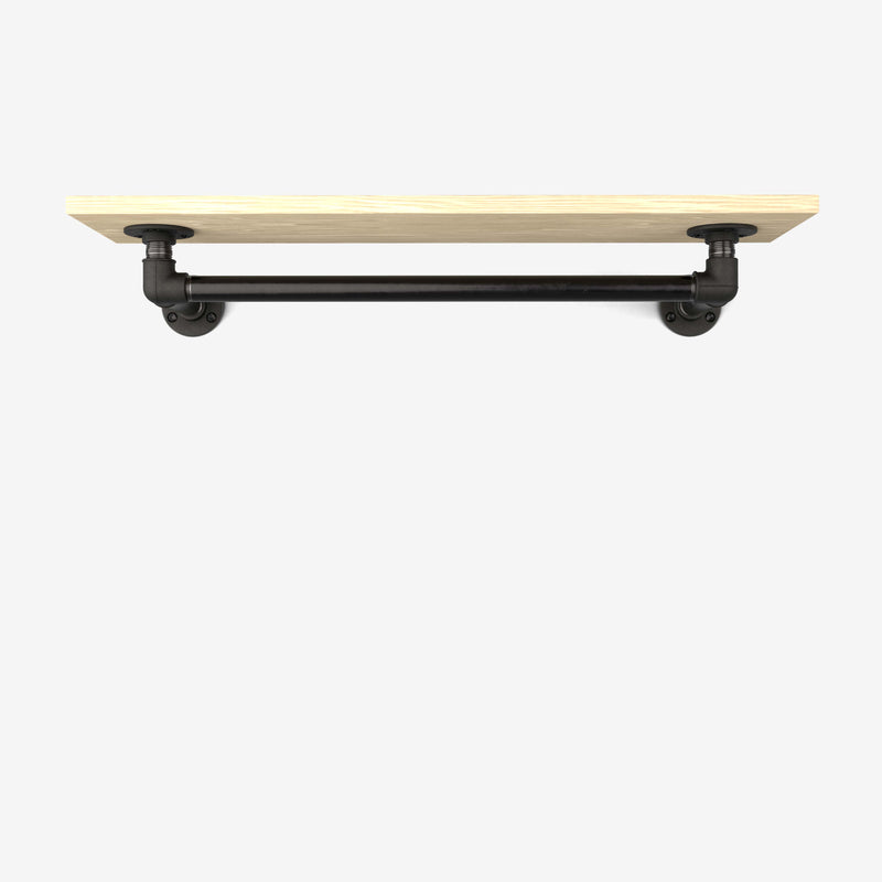 Wall-mounted clothes rail made with dark pipes and wooden shelf in light pine