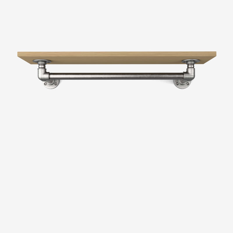 Wall-mounted clothes rail made with silver pipes and wooden shelf in classic oak