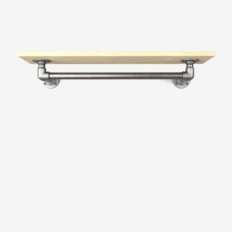 Wall-mounted clothes rail made with silver pipes and wooden shelf in light pine