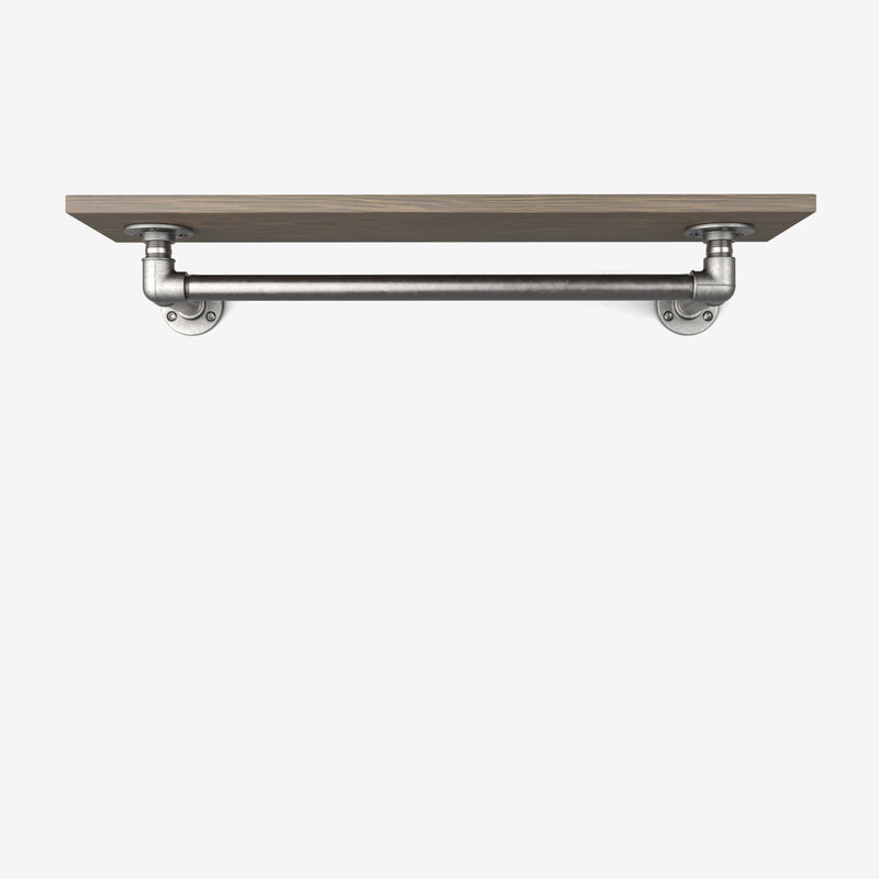 Wall-mounted clothes rail made with silver pipes and wooden shelf in smoked oak