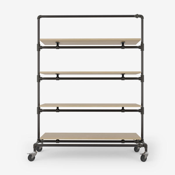 Clothes rack on wheels made with dark pipes and with shelves in classic oak