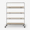 Clothes rack on wheels made with silver pipes and with shelves in classic oak