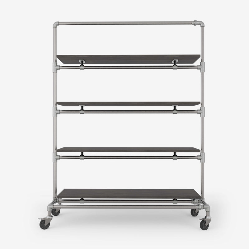 Clothes rack on wheels made with silver pipes and with shelves in dark pine