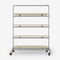 Clothes rack on wheels made with silver pipes and with shelves in light pine