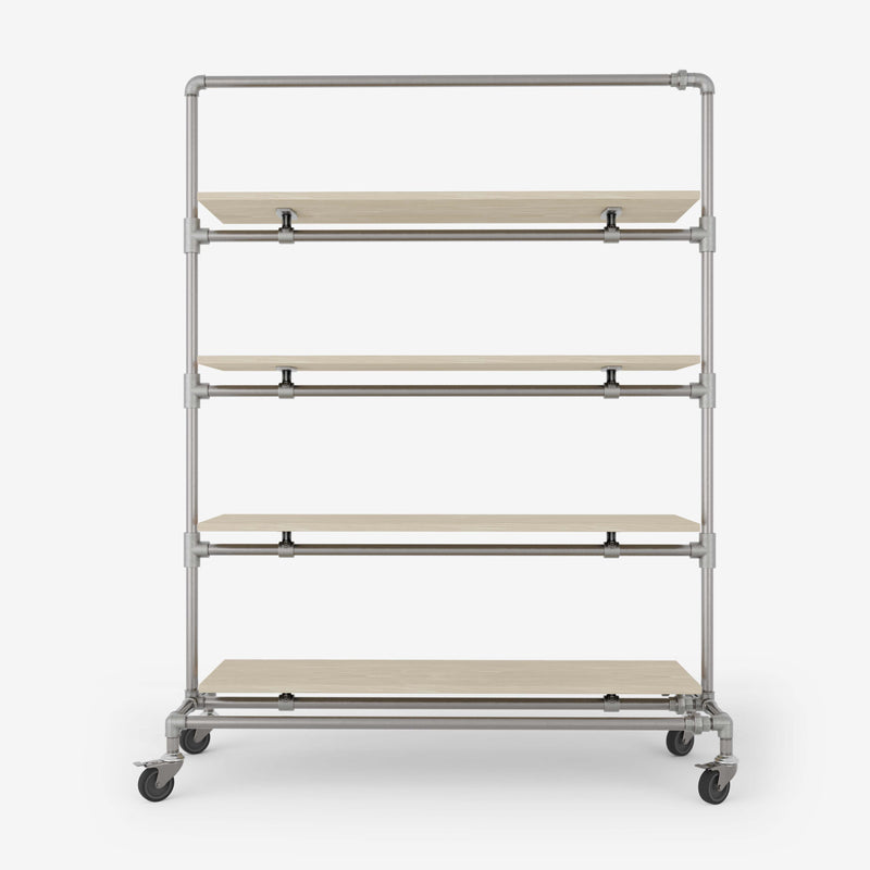Clothes rack on wheels made with silver pipes and with shelves in light pine