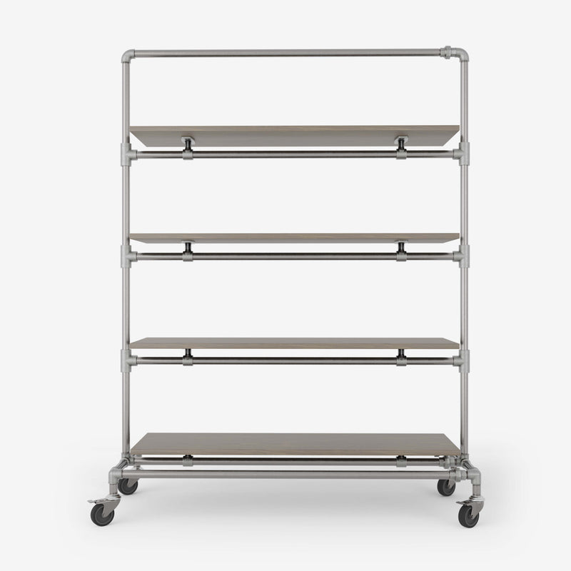 Clothes rack on wheels made with silver pipes and with shelves in smoked oak