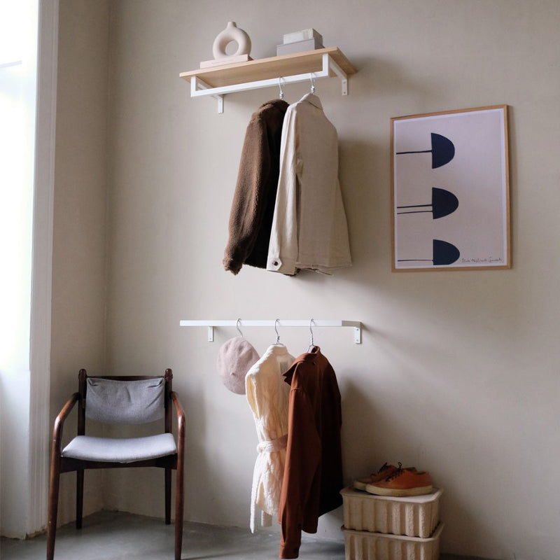 Open wardrobe for the entrance to hang clothes and jackets with shelf made from oak on top white