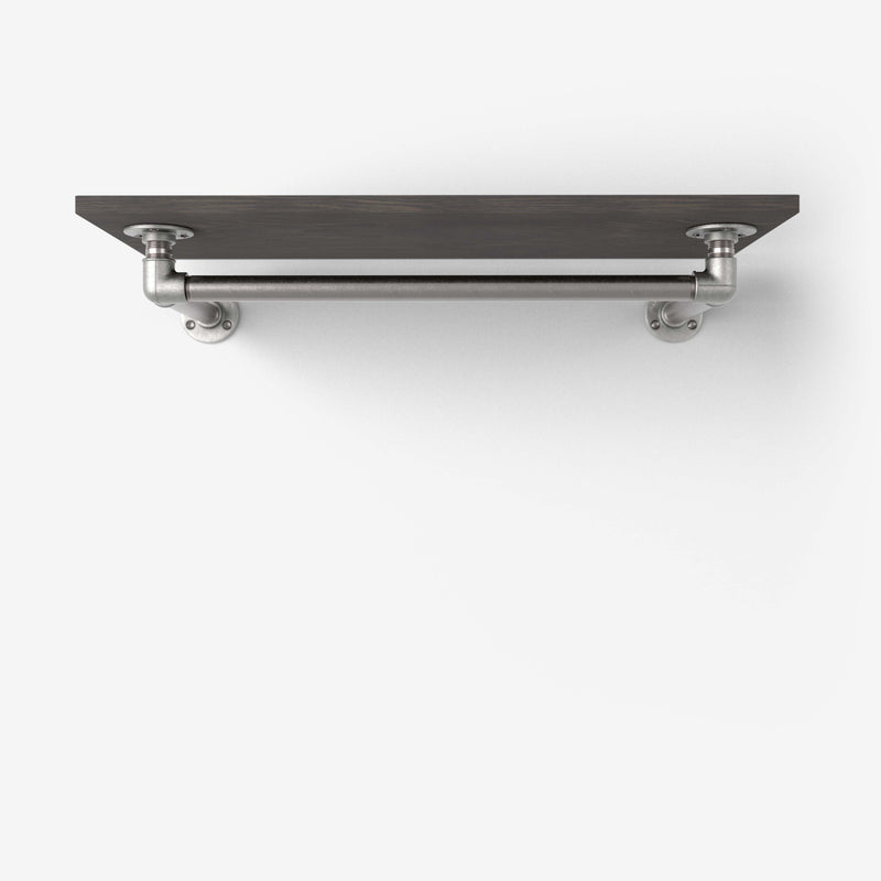 Wall-mounted clothes rail with shelf in silver pipes and dark pine