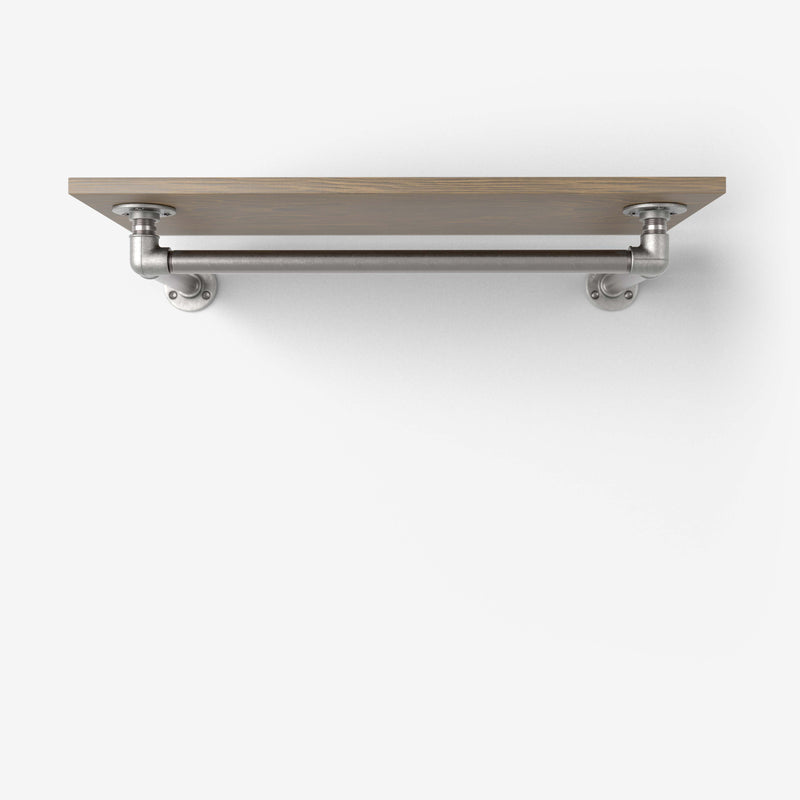 Wall-mounted clothes rail with shelf in silver pipes and smoked oak
