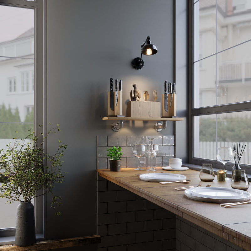 small wooden shelf with silver iron supports for knives and spices in the kitchen