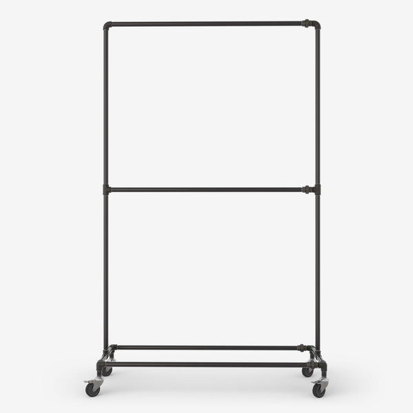 Double clothes rack on wheels made with dark pipe