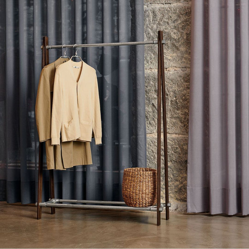 Free standing clothes rack with silver water pipes and smoked oak supports plus shoe rack