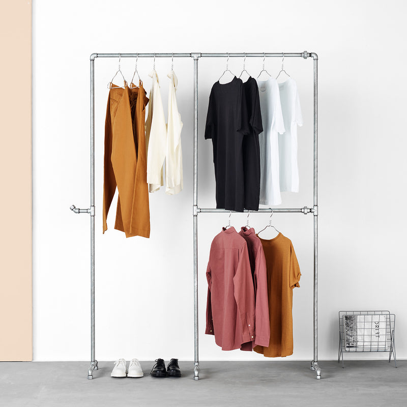modern free standing clothes rack made from silver water pipes for short and long clothes