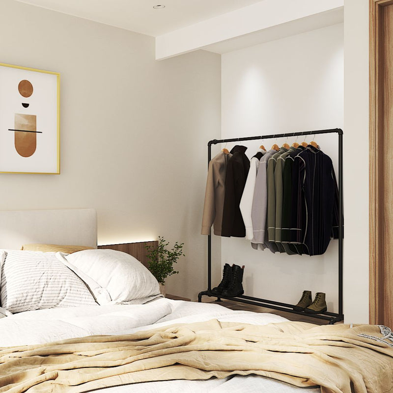 Free standing open wardrobe system for jackets and shoes in bedroom interior