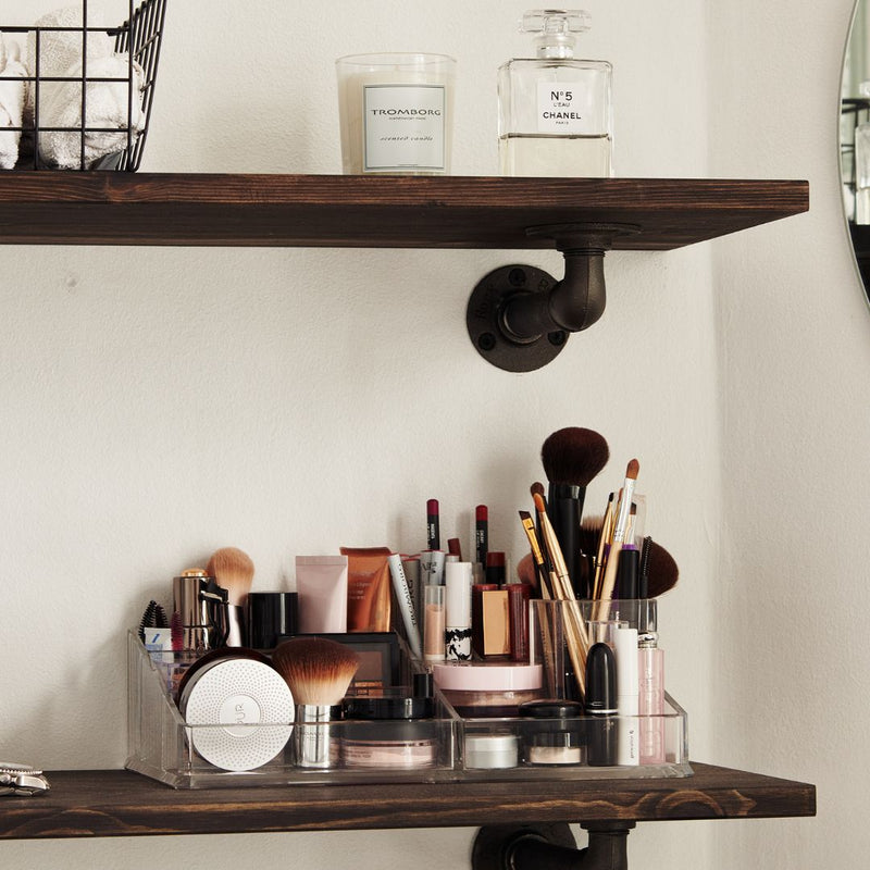 Open shelves in bathroom made from wood and cool supports in industrial design