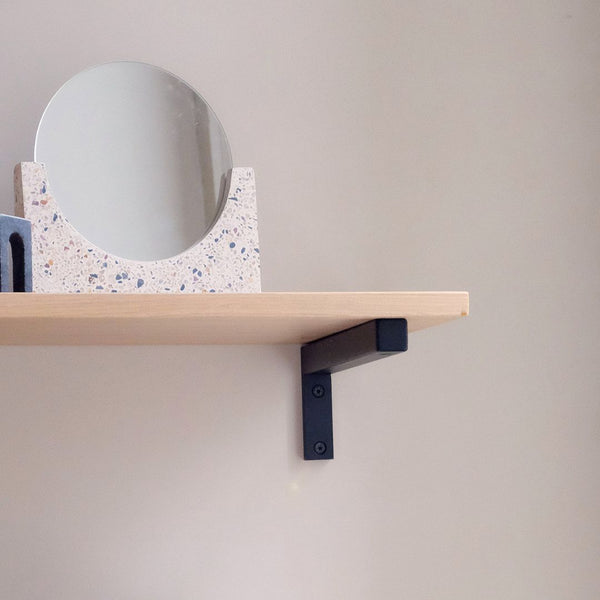 Wall mounted floating shelf for decorations with strong L-Brackets made from black iron and oak shelves