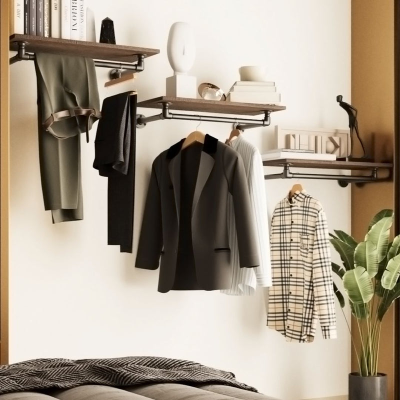 Wall mounted open closet solution with shelves for decorations and rail for hanging clothes underneath