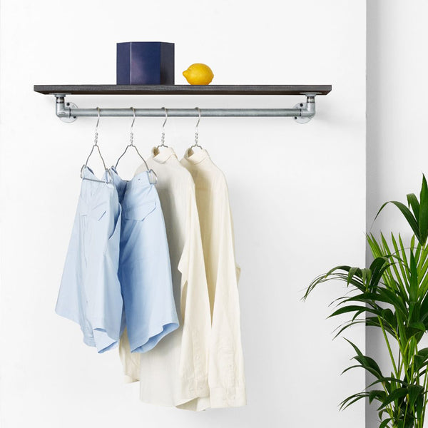 Wall mounted clothes rail made from strong silver iron pipes with shelf made in oak on top