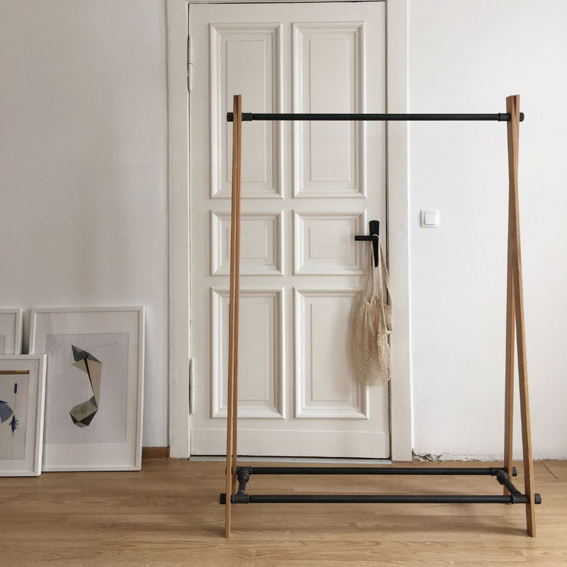 Free standing clothes rack made from water pipes and oak with shoe rack at the bottom
