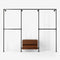 Walk-in wardrobe in three rows with five rails and one dresser in dark pipes and smoked oak