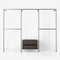 Walk-in wardrobe in three rows with five rails and one dresser in silver pipes and dark pine