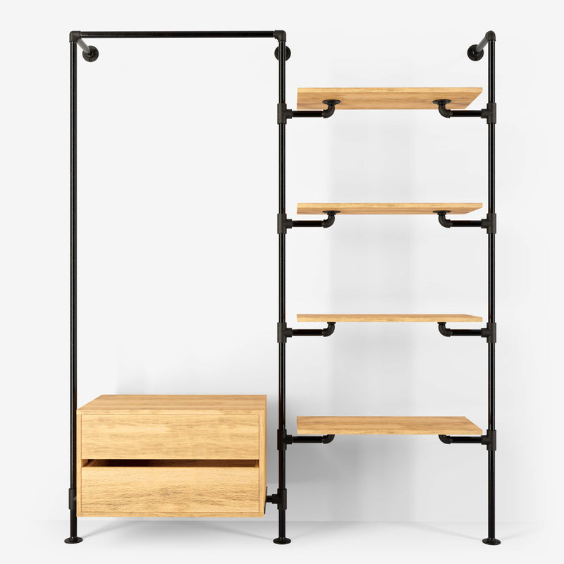 Walk-in wardrobe in two rows with one rail, one dresser and four shelves in dark pipes and classic oak