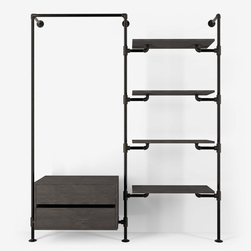 Walk-in wardrobe in two rows with one rail, one dresser and four shelves in dark pipes and dark pine