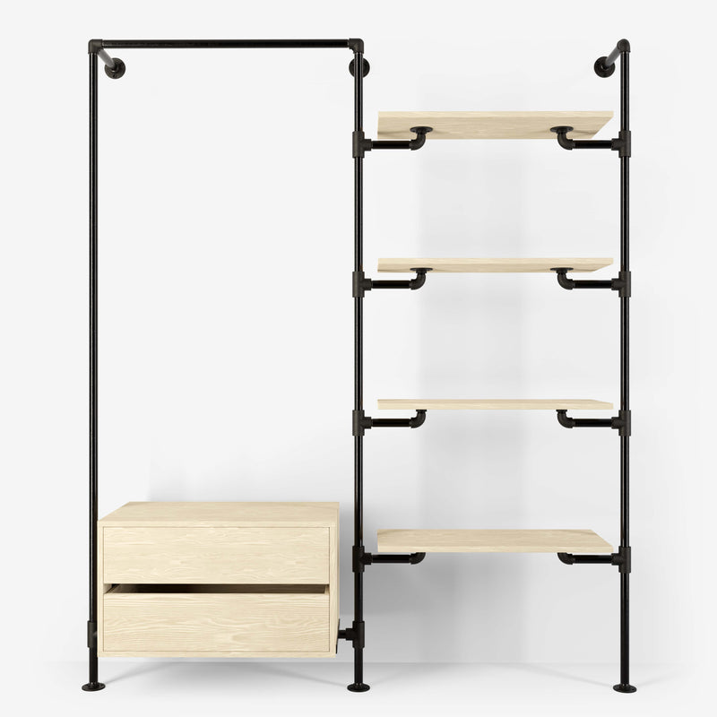 Walk-in wardrobe in two rows with one rail, one dresser and four shelves in dark pipes and light pine