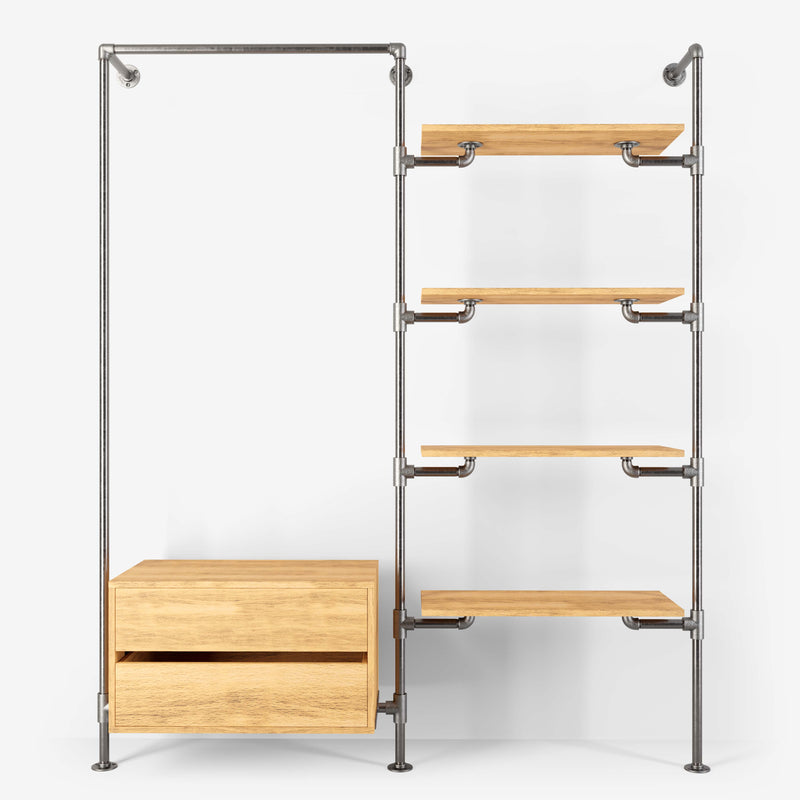 Walk-in wardrobe in two rows with one rail, one dresser and four shelves in silver pipes and classic oak