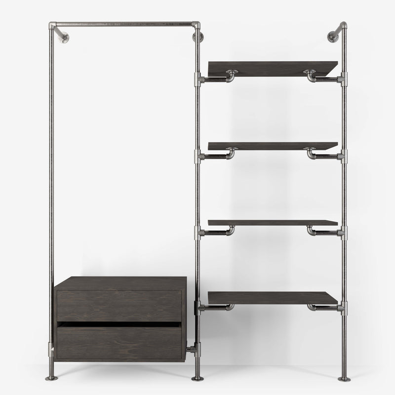 Walk-in wardrobe in two rows with one rail, one dresser and four shelves in silver pipes and dark pine