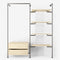 Walk-in wardrobe in two rows with one rail, one dresser and four shelves in silver pipes and light pine
