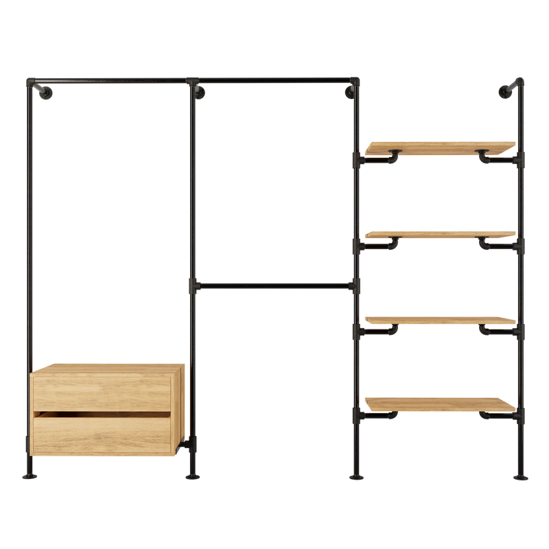 Walk-in wardrobe in three rows with one dresser, three rails and four shelves made with dark pipes and classic oak