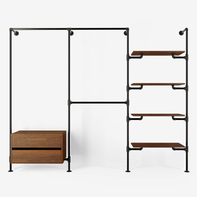 Walk-in wardrobe in three rows with one dresser, three rails and four shelves made with dark pipes and smoked oak