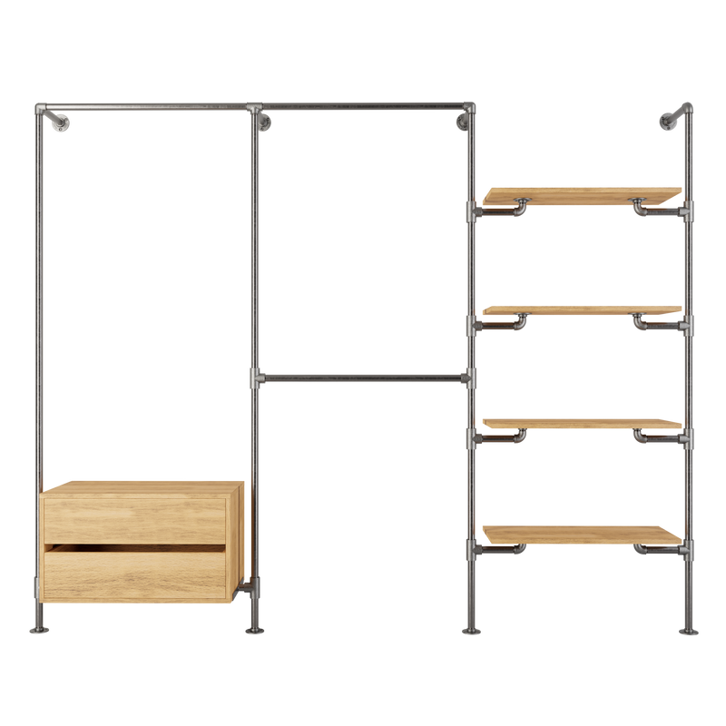 Walk-in wardrobe in three rows with one dresser, three rails and four shelves made with silver pipes and classic oak