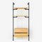 Walk-in wardrobe with two shelves and one dresser made with dark pipes and classic oak